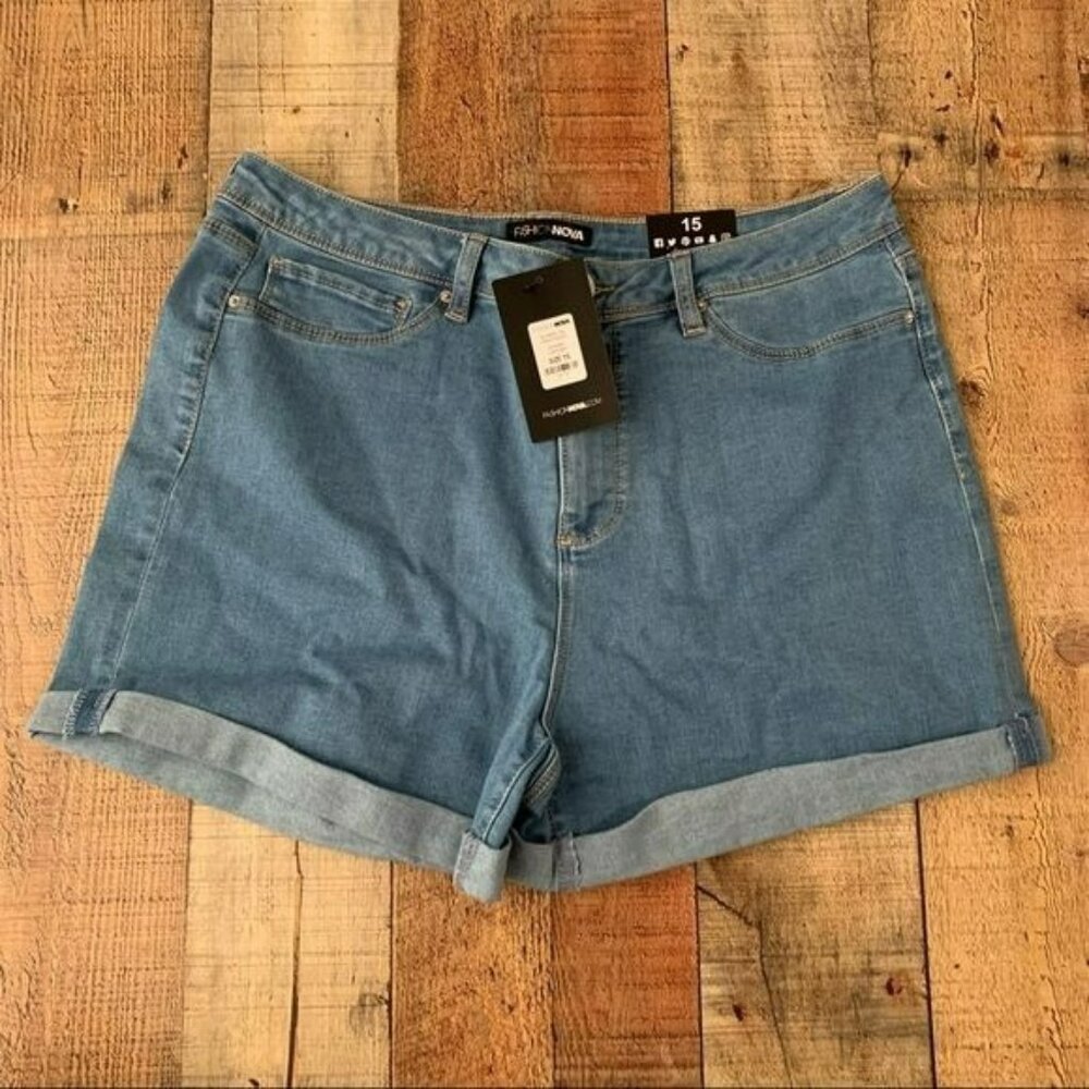 Fashion nova no muffin top denim shorts light wash rolled cuff faux front pocket